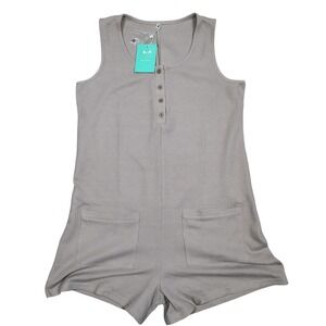 Mintreus Romper Womens Medium Gray Henley Waffle Knit Sleeveless Polyester Blend